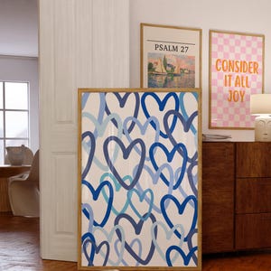 Trendy Preppy Blue Hearts Print, Blue Poster, Graffiti Hearts Wall Art Print, Abstract Hearts Art, Digital Prints, Dorm College Room