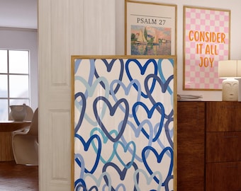 Trendy Preppy Blaue Herzen Druck, Blaues Poster, Graffiti Herzen Wand, Kunst Druck, Abstrakte Herzen Kunst, Digitaldrucke, Studentenwohnheim College Zimmer