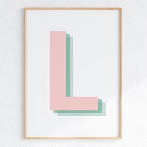 Impresión retro de la letra L en 3D, inicial rosa bebé, impresión de la letra monograma, impresión del alfabeto L, impresión digital, arte de letras imprimible, póster L, letrero L