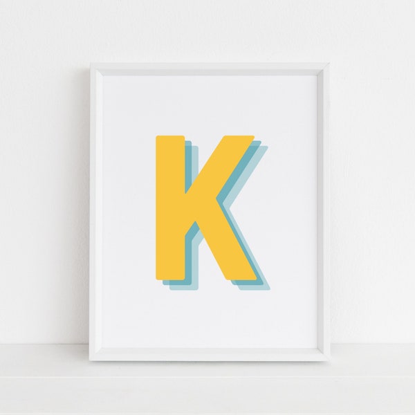 Retro 3d K Letter Print, Monogram Letter print, alphabet print, baby lnitial, Digital Wall Print, Digital Downloads, Printable Wall Art