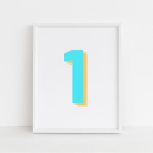 Retro 3d Neon Blue Number 1 Print, Monogram Number One print, Blue Digit, Birthday Age print, baby letter poster, descarga digital, Wall art