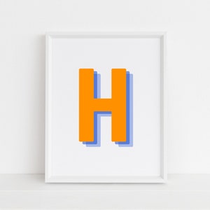 Retro 3d Letter H Print, Monogram Letter print, orange and navy Letter, Initial alphabet print, baby letter art, digital download, Wall art