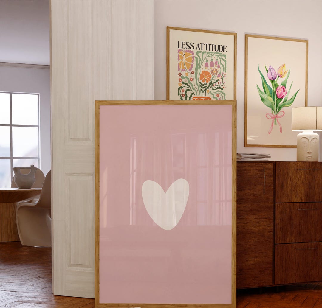 Pink Heart Wall Art, Above Bed Art, Pink Bedroom, Heart Wall Print ...