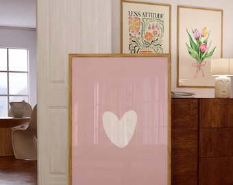 Pink Heart Wall Art, Above Bed Art, Pink Bedroom, Heart Wall Print, Love Print, Wall Decor, Pastel Nursery, Kid Room Art, Preppy Dorm Decor