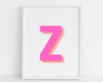 Retro 3d Letter Z Print, Monogram Letter print, pink and orange Letter, Initial Poster, Letter wall print, Digital download