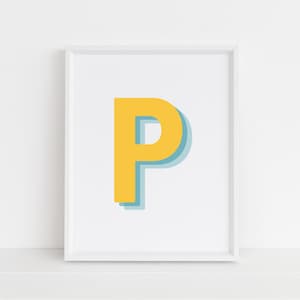 Retro 3d P Letter Print, Monogram Letter print, alphabet print, baby lnitial, Digital Wall Print, Digital Downloads, Printable Wall Art
