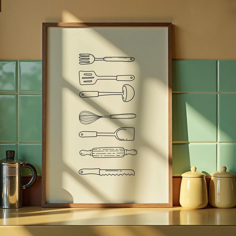 May include: A framed print featuring line drawings of kitchen utensils. The black and white illustrations include a fork, spatula, ladle, whisk, spoon, rolling pin, and a serrated knife. The print is displayed on a yellow surface with a green tile background.