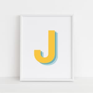 Retro 3d J Letter Print, Monogram Letter print, alphabet print, baby lnitial, Digital Wall Print, Digital Downloads, Printable Wall Art