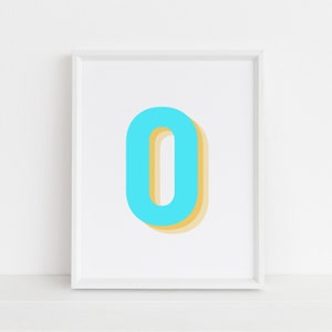 Retro 3d Neon Blue Number 0 Print, Monogram Number Zero print, Blue Digit, Birthday Age, baby letter poster, descarga digital, Wall art