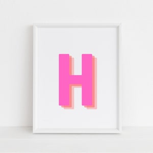 Retro 3d Letter H Print, Monogram Letter print, pink and orange Letter, Initial alphabet print, baby letter art, digital download, Wall art