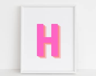 Retro 3d Letter H Print, Monogram Letter print, pink and orange Letter, Initial alphabet print, baby letter art, digital download, Wall art