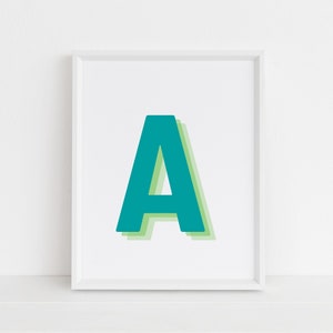Retro 3d Letter A Print, Monogram Letter print, Green and Lime Letter, Initial alphabet print, baby letter art, digital download, Wall Decor