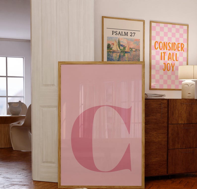 Póster de la letra C, inicial C, letras grandes para pared, arte con letras del alfabeto, letras para habitación infantil, arte de pared rosa, póster pastel, decoración para habitación de adolescentes imagen 2