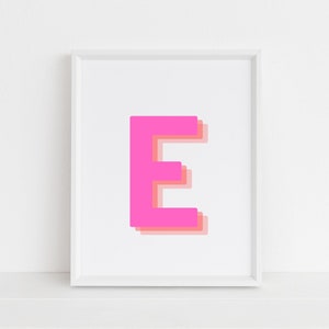 Impresión retro de letra E en 3D, impresión de letras monograma, letra rosa y naranja, impresión del alfabeto inicial, arte de letras de bebé, descarga digital, arte de pared