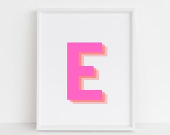 Retro 3d Letter E Print, Monogram Letter print, pink and orange Letter, Initial alphabet print, baby letter art, digital download, Wall art