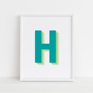 Retro 3d Letter H Print, Monogram Letter print, Green and Lime Letter, Initial alphabet print, baby letter art, digital download, Wall art