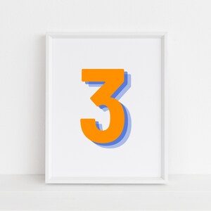 Retro 3d Number 3 Print, Monogram three print, orange and navy Number, third, Initial Poster, birthday age print, digital download, Wall art