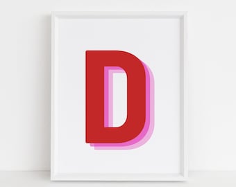 Retro 3d Letter D Print, Monogram Letter print, red pink Letter, Initial alphabet print, baby letter art, digital download, Wall Decor