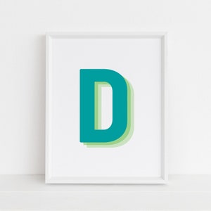Retro 3d Letter D Print, Monogram Letter print, Green and Lime Letter, Initial alphabet print, baby letter art, digital download, Wall art