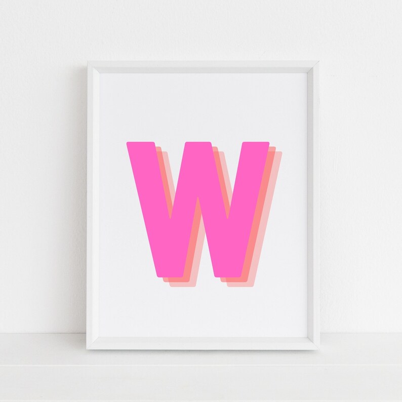 Initial W Print Retro 3D Digital Print,Pink Orange Bold,Baby initial print,Monogram Wall Art, Letter W Print, Name initial, Digital download