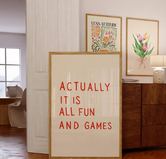 It is All fun and games Print, Retro Wall Art, Trendy Print, Retro Poster, Digital Print, Red Poster, Dorm Decor, Typography, Printable Art