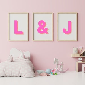 Initial Print Retro 3D Digital Print,Pink Orange Bold,baby initial print,Monogram Wall Art, Letter Print, Name initial, digital download