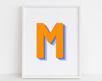 Retro 3d Letter M Print, Monogram Letter print, orange and navy Letter, Initial alphabet print, Initial poster, digital download, Wall art