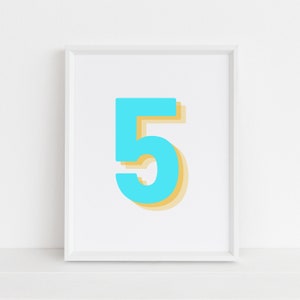 Retro 3d Neon Blue Number 5 Print, Monogram Number Five print, Blue Digit, Birthday Age print, baby letter poster, descarga digital, Wall art