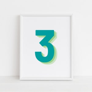 Retro 3d Green Number 3 Print, Monogram Number Three print, Green Digit, Birthday Age print, baby letter poster, digital download, Wall art