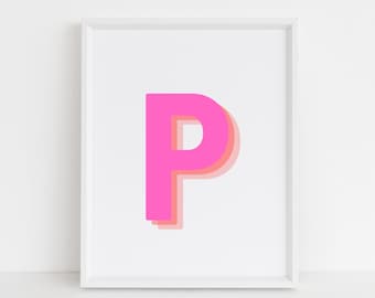 Retro 3d Letter P Print, Monogram Letter print, pink and orange Letter, Initial alphabet print, baby letter art, digital download, Wall art