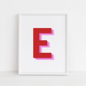 Impresión retro de letra E en 3D, impresión de letras monograma, letra roja y rosa, impresión del alfabeto inicial, arte de letras de bebé, descarga digital, arte de pared