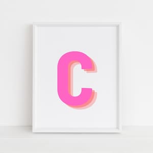 May include: A white framed print with a pink letter C in a layered, 3D style.