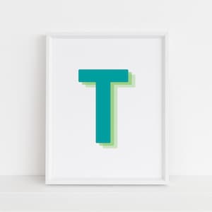 Retro 3d Letter T Print, Monogram Letter print, Green Lime Letter, Letter digital print, initial poster, letter wall print, Digital download