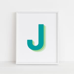 Retro 3d Letter J Print, Monogram Letter print, Green and Lime Letter, Initial alphabet print, baby letter art, digital download, Wall art