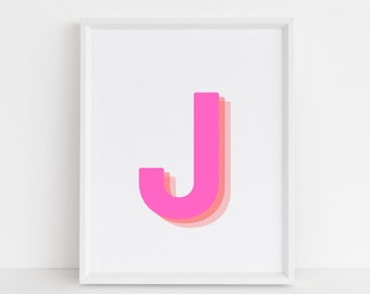 Impresión retro de letras J en 3d, impresión de letras monograma, letra rosa y naranja, impresión del alfabeto inicial, arte de letras de bebé, descarga digital, arte de pared