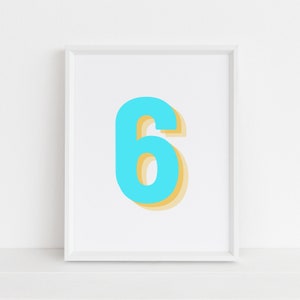 Retro 3d Neon Blue Number 6 Print, Monogram Number Six print, Blue Digit, Birthday Age print, baby letter poster, descarga digital, Wall art