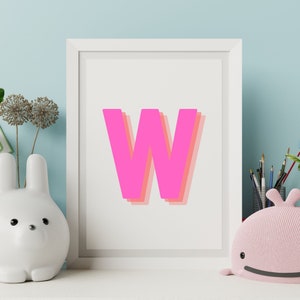 Initial W Print Retro 3D Digital Print,Pink Orange Bold,Baby initial print,Monogram Wall Art, Letter W Print, Name initial, Digital download