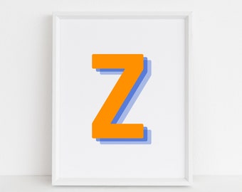 Retro 3d Letter Z Print, Monogram Letter print, orange and navy Letter, Initial alphabet print, baby letter art, digital download, Wall art