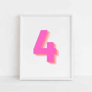 Retro 3d Number 4 Print, Monogram Number Four print, pink and orange Number, Birthday Age print, baby letter art, digital download,Wall art
