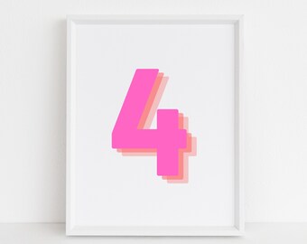 Retro 3d Número 4 Impresión, Monograma Número Cuatro impresión, número rosa y naranja, impresión de edad de cumpleaños, arte de la letra del bebé, descarga digital, arte de pared