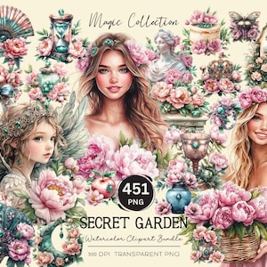 秘密の花園クリップアート集、気まぐれな水彩画イラスト、透明背景PNG、春の緑のアート、451種類のグラフィック、ティーガーデン