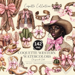Clipart de acuarela del oeste de coqueta, linda vaquera, vaquero, adorable campestre PNG, descarga digital, ilustraciones dibujadas a mano en estilo elegante rosa