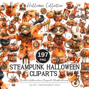 Könnte beinhalten: Eine Sammlung von Steampunk-Halloween-Clip-Art-Illustrationen. Das Bild zeigt verschiedene orangefarbene und braune Aquarelldesigns, darunter Vogelscheuchen, Katzen, Eulen und Kürbisse, alle mit einer Steampunk-Ästhetik. Der Text enthält "Halloween Collection" und "STEAMPUNK HALLOWEEN CLIPARTS".