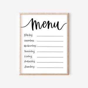 Menu imprimable, menu du dîner hebdomadaire, téléchargement de la planification des repas, menu des repas en lettres manuscrites, plan de repas numérique