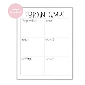 May include: A white paper planner page with black text and lines. The header reads BRAIN DUMP. Six rectangular sections are labeled Top priorities, Home, Work, Family, cleaning, and Goals. A pink circle in the top left corner says Instant Download.