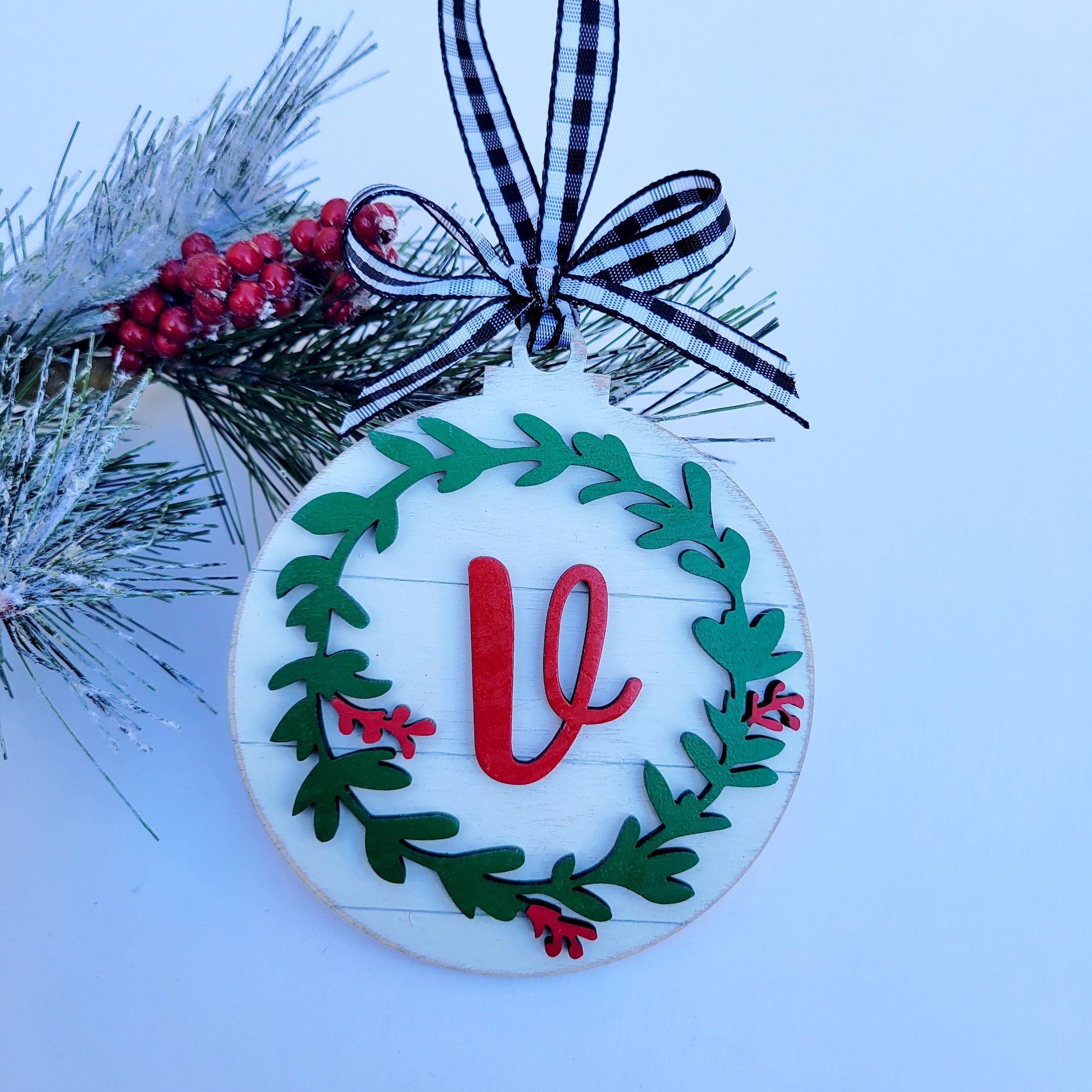 Personalized White Shiplap Christmas Ornament With Green Wreath, Red