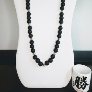 Hand Strung Glass Beaded Necklace, large beads, black beads,mature person,costume jewelry, women or men wear, dress up or down, great look n