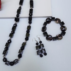 Handmade Black Beaded glass necklace set, costume jewelry, lg. beads, male or female, grand dad, brother,husband  gift, unique design, nice