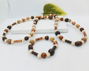 Two piece wood  beaded necklace set,long length, hand strung,women or men,costume jewelry, mature  jewelry,  unique design, vacation beads