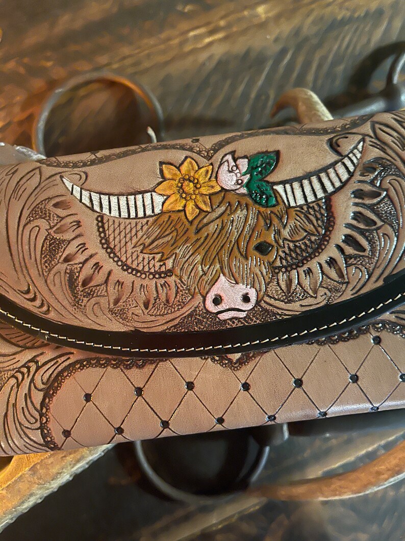 Myra Embroidery Tooled Leather Wallet With Highland Cow Etsy
